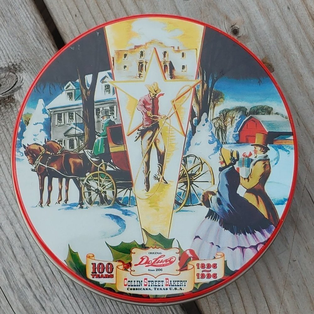 Delightful Collin Street Bakery Tin DeLuxe Round Tin with Christmas Scene